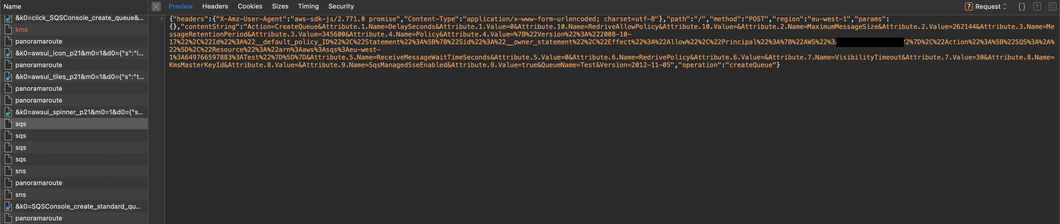 A sample network request for creating an SQS queue