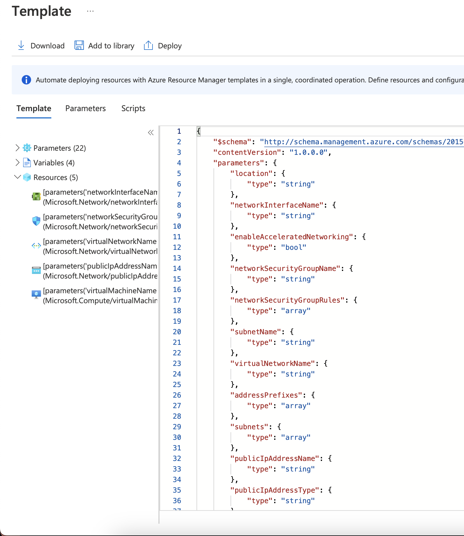 The generated Azure Resource Manager template for a sample Virtual Machine